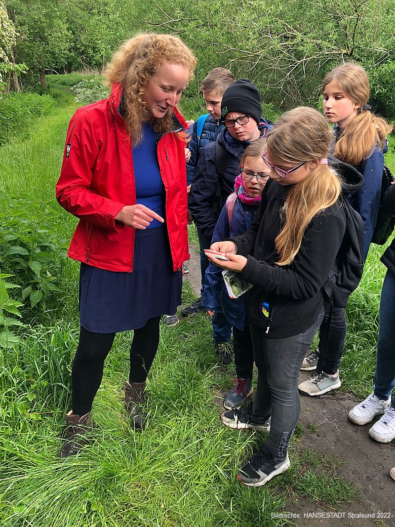 Forstmitarbeiterin Sandra Hagedorn (l.) erklärt anhand eines Kartenspiels, was man im Wald alles so finden kann.